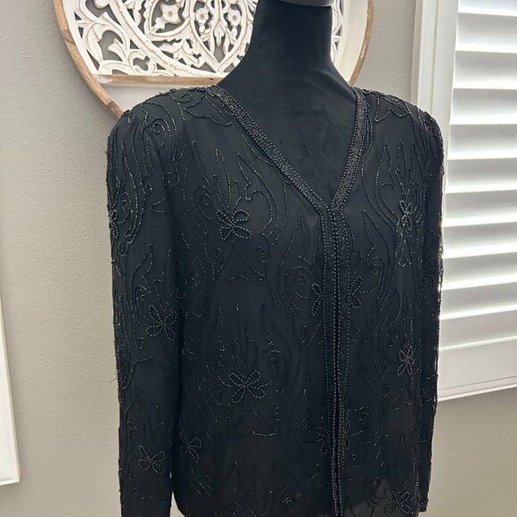 Vintage Silky Nites New York Black Beaded Sequin Formal Elegant Cardigan SZ PS - Picture 4 of 6